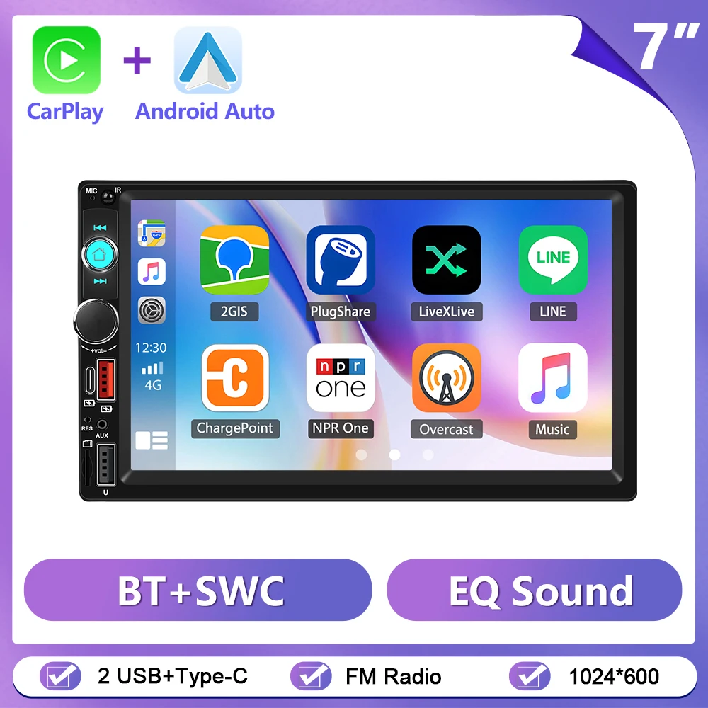 Podofo 2 Din autoradio 7 inch touchscreen HD MP5 multimediaspeler Bluetooth draadloze Carplay/Android Auto