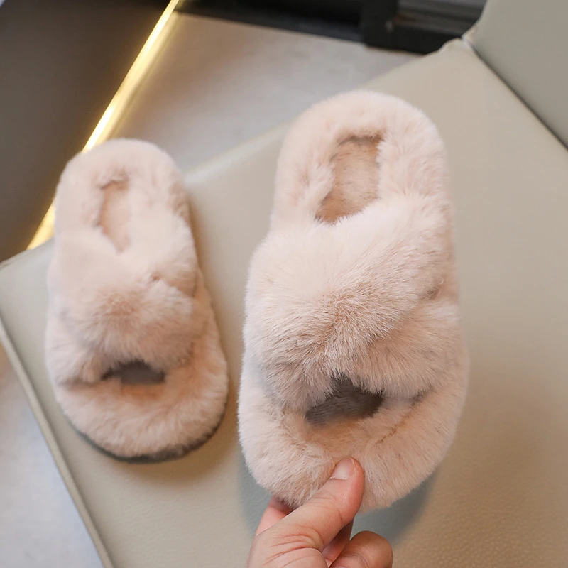 Fur Slides Slippers For Kids Furry Children Fur Slippers Cross Strap Flip Flops Baby Sandals Girls Women Family Shoes pantuflas