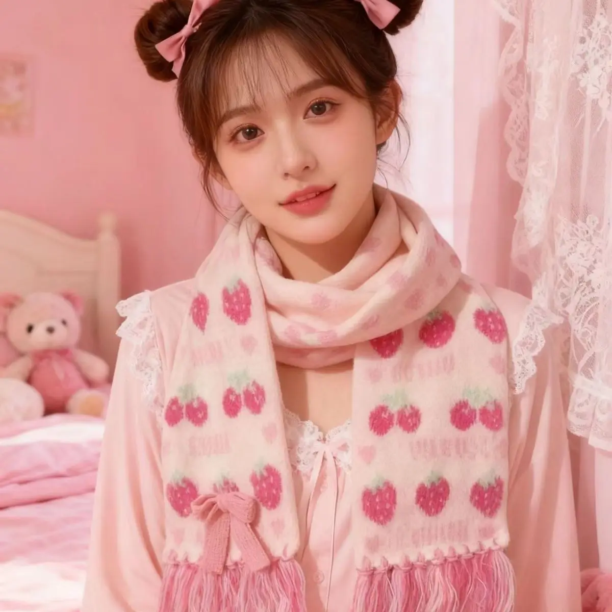 Winter New Knitted Double-sided Scarf Sweet Girl Plush Windproof and Warm Neck Warmer All Match Y2k Clothing Accessories