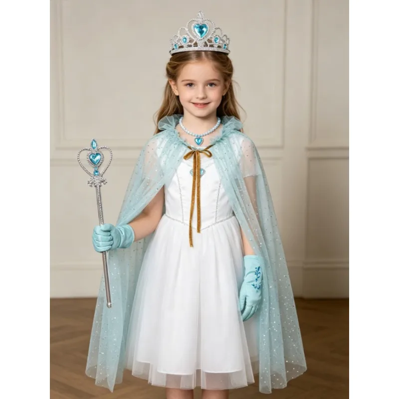 Halloween Princess Tulle Cloak Set Crown Gloves Accessories Kit Dress Up Props for Festival Party Stage Show Holiday Photo Decor