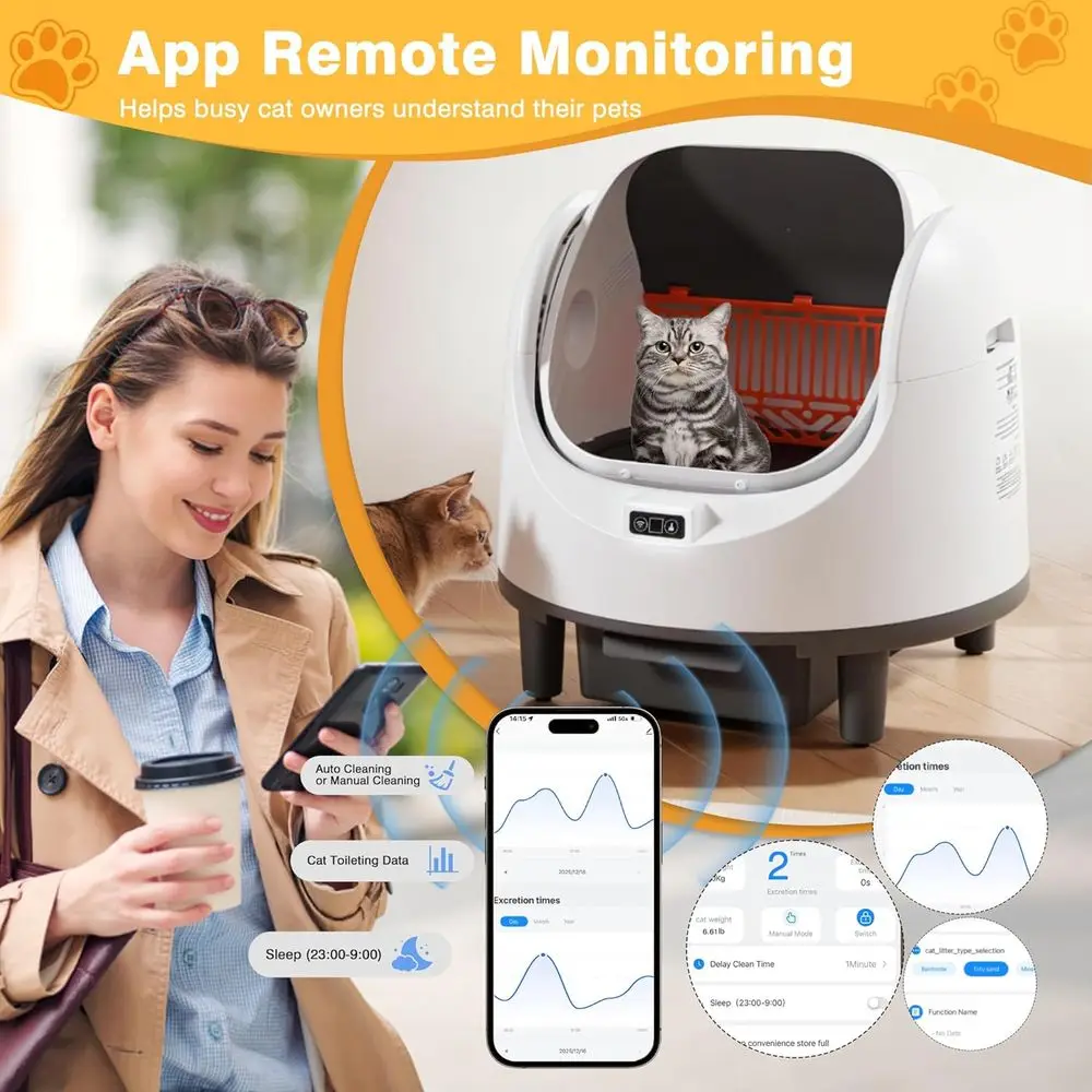 Open Top Automatic Cat Litter Box, Sel Cleaning Litter Box with App Control or Multiple Cats, eaturing Saety Sensor & Odor-ree W