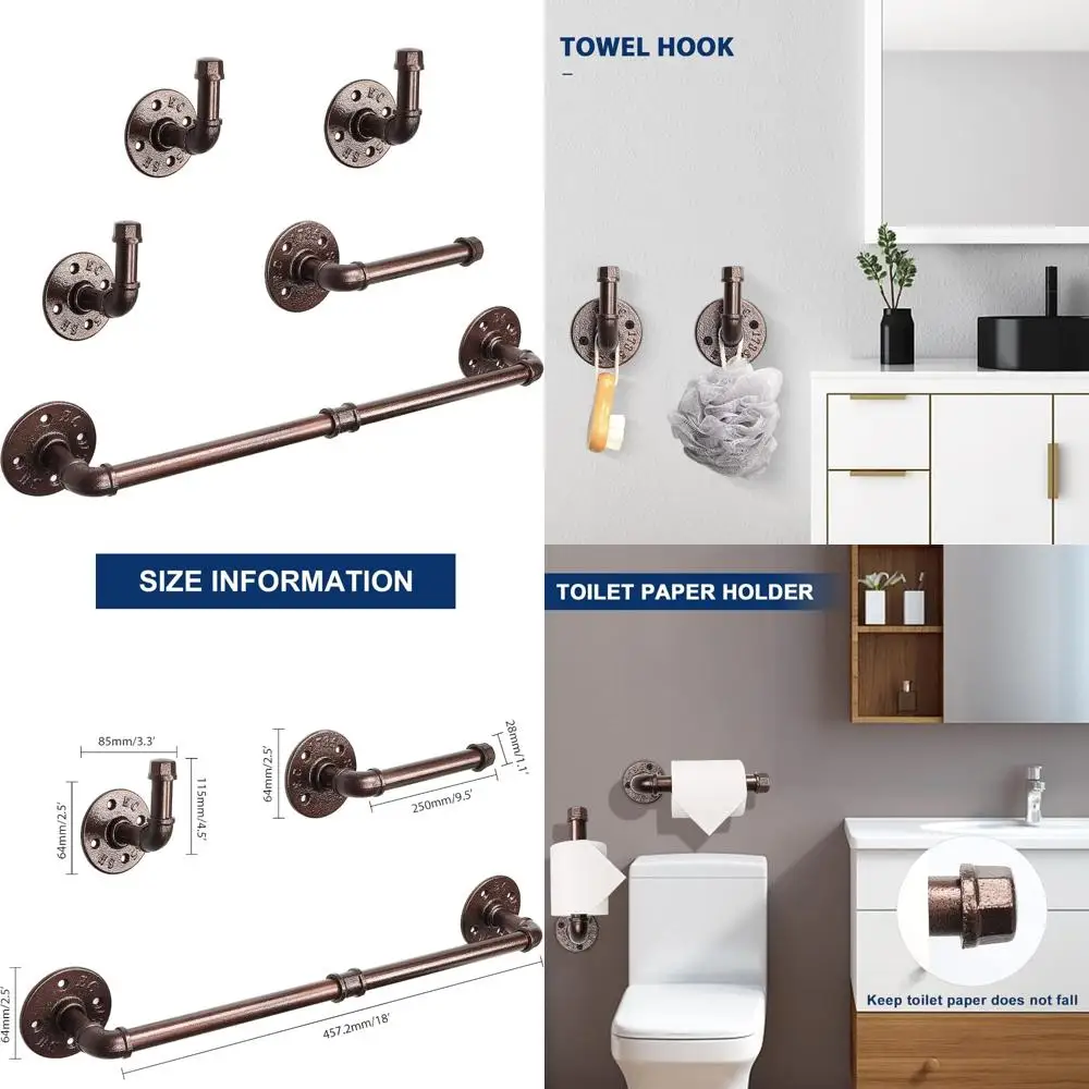

Industrial-Style 5-Piece Bathroom Accessory Set: 18 Towel Bar, Tissue Holder, 3 Robes Hooks, Heavy Duty