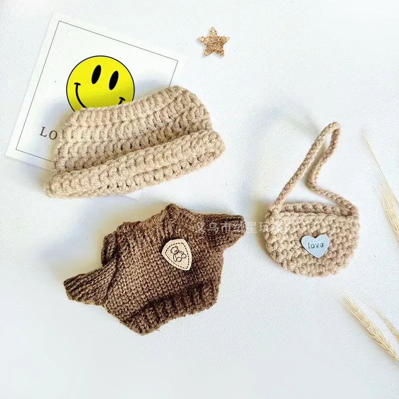 Adorable Handmade Crochet Bucket Hat With Mini Shoulder Bag Set Knitted Doll Accessories For 17CM Small Plush Toy Dress Up Decor view 2