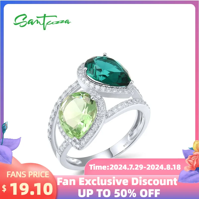 

SANTUZZA Genuine 925 Sterling Silver Rings For Women Sparkling Green Glass White CZ Colorful Pear Shape Ring Delicated Jewelry