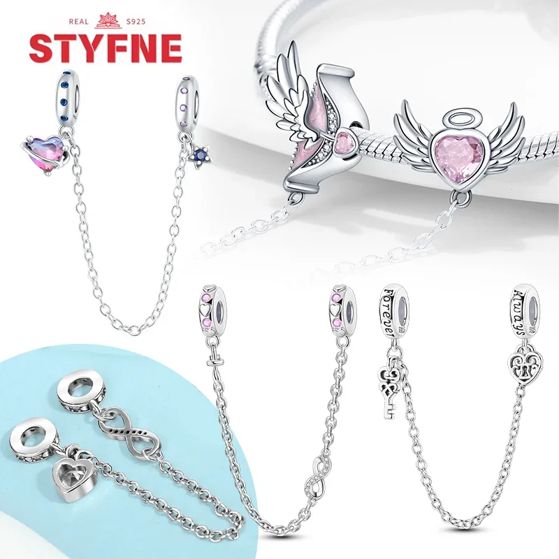 

Original Silver 925 Heart Beads Colorful Zircon Safety Chains Charm Fit Original Bracelets DIY Jewelry Gifts Accessory for Women