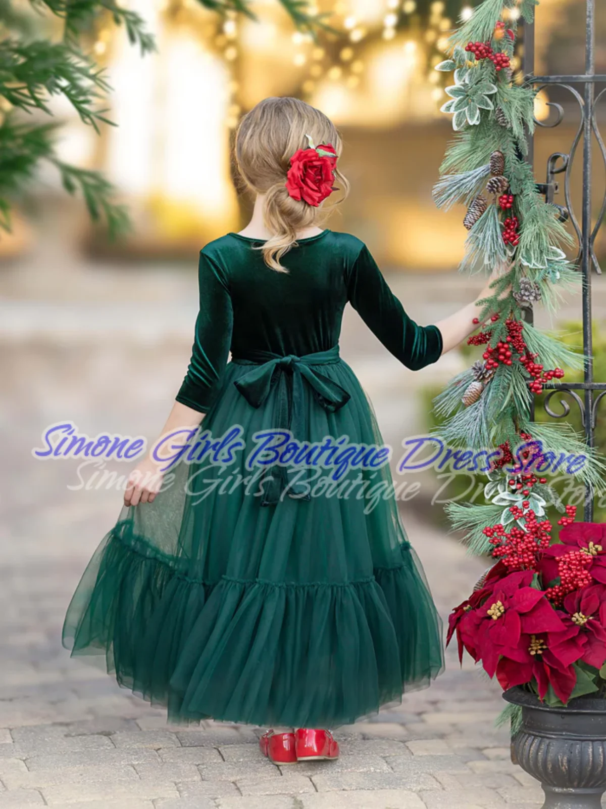 تنورة بطول الكاحل وأكمام طويلة وخياطة من الدانتيل فستان بناتي على شكل زهرة خضراء لعروض الرقص في عطلة عيد الميلاد