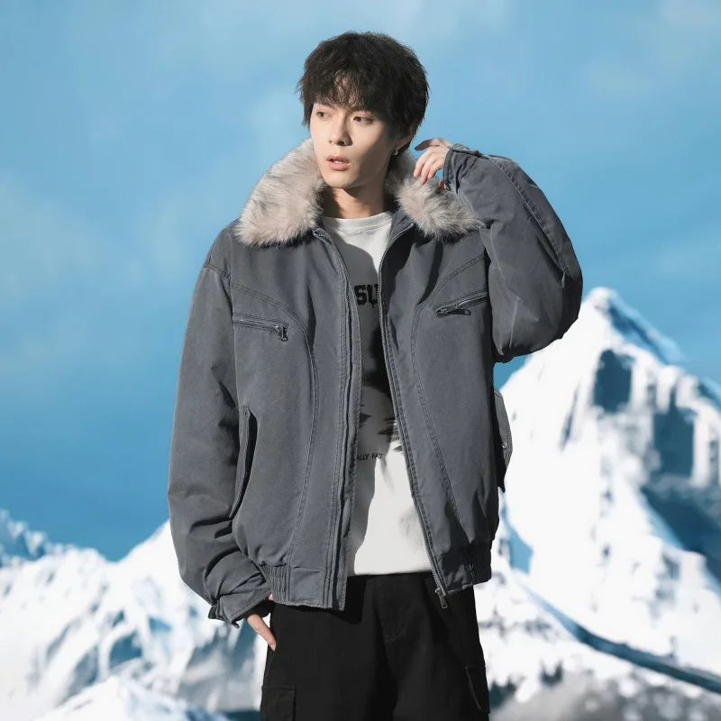 

Winter Men Jacket Vintage Patchwork Fur Stand Collar Man Down Coat Thicken Windproof Long Sleeve Zipper Loose Male Outerwear