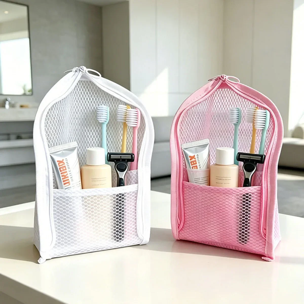 Standing Mesh Toiletry Bag for Travel - Breathable Quick Dry Anti Mold Cosmetic Organizer with Toothbrush Case