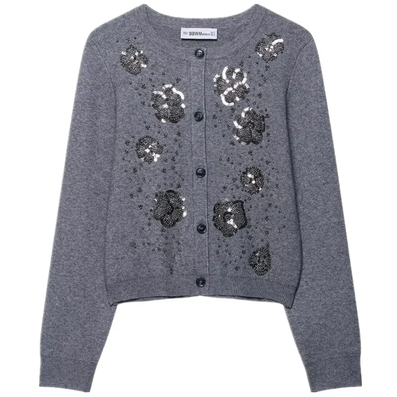 Fall 2025 New Women's Knitted Beaded Cardigan Outerwear Design Sensation Faion Trendy Long Sve ort Length round Ne