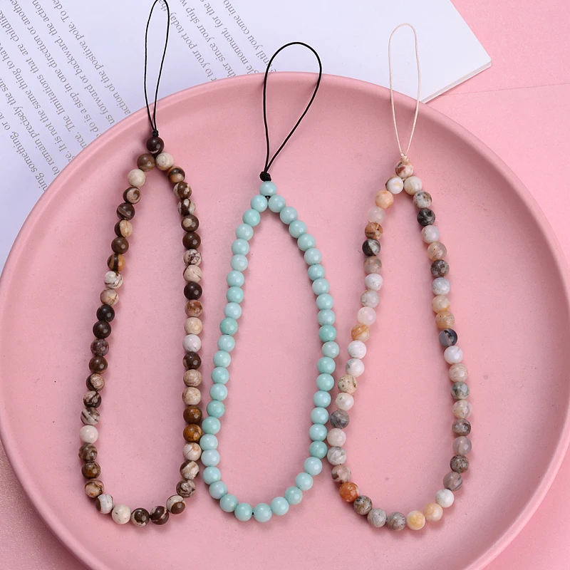 Natural Stone Beaded Cord Lanyard Telephone Straps Yolk Stone Tourmaline Beads For Women Mobile Phone Chain Jewelry Accessories