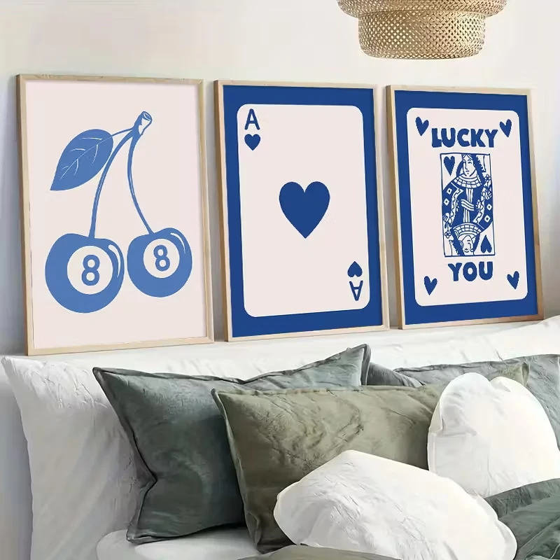 

3pcs Blue White Game-themed Canvas Wall with Cherries and 8-ball Lucky Cards, Home Decoration for Game Enthusiasts' Living Rooms