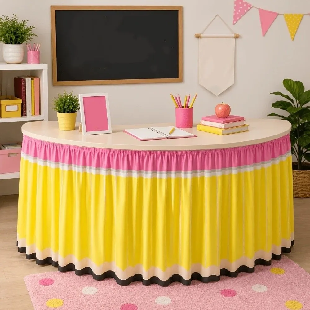 Cartoon Pencil Ruffled Table Skirt School Stationery Theme Elastic Edge Classroom Skirt Cover Polyester Wrinkle Resistant