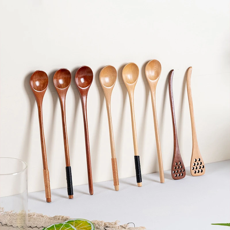 Wooden Spoon Mixing Rice Salad Spoon Long Handle Dessert Condiment Sugar Salt Spice Spoon Tableware Kitchen Tools