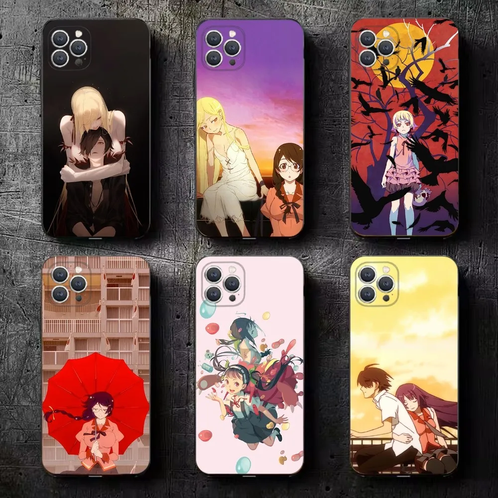 M-Monogatari Series Anime Phone Case For iPhone 16,15,14,13,12,11,Plus,Pro Max,XS,X,XR,SE,Mini,8,7 Soft Silicone Black Cover