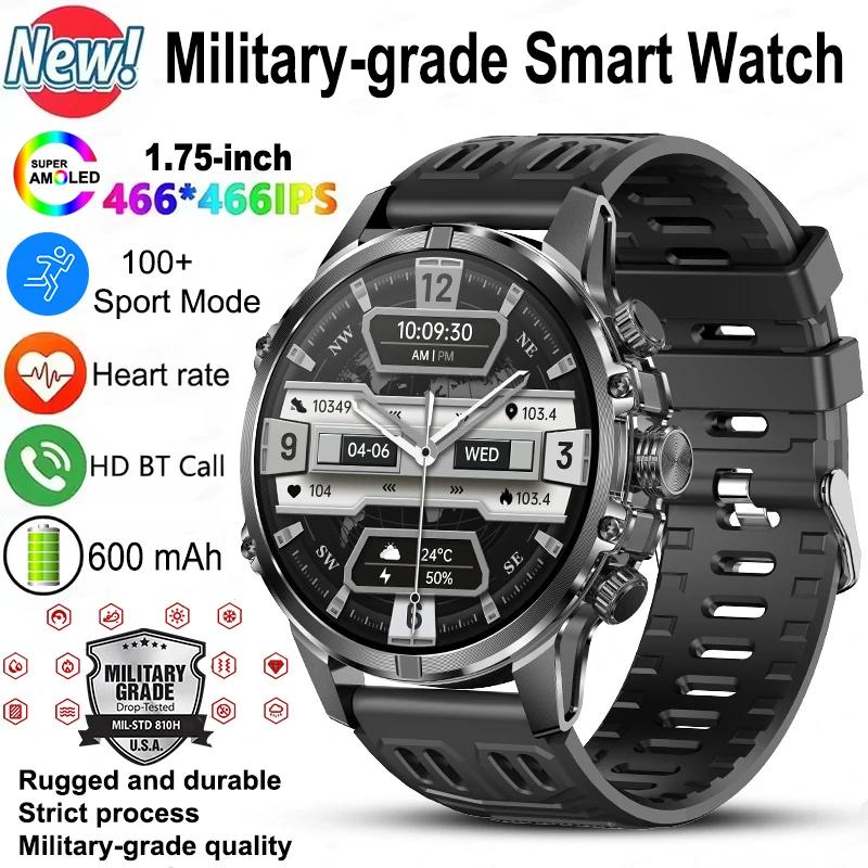 2025 New Military Smart Watch Men IP68 Waterproof Outdoor Sports Fitness Tracker Health Monitor 1.75