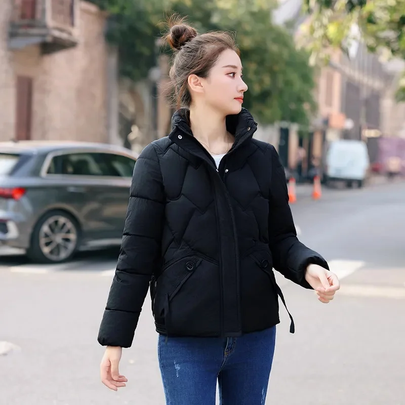 French short high-end women's 2023 winter new cotton jacket temperament Korean standing collar warm commuting cotton jacket P15