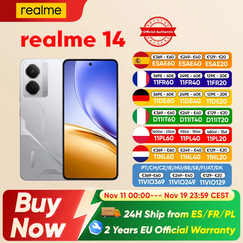 realme 14 5G Smartphone Snapdragon 6 gen 4 6000mAh Titan Battery 6.67'' 120Hz AMOLED Display 45W Charger 50MP OIS Camrea NFC