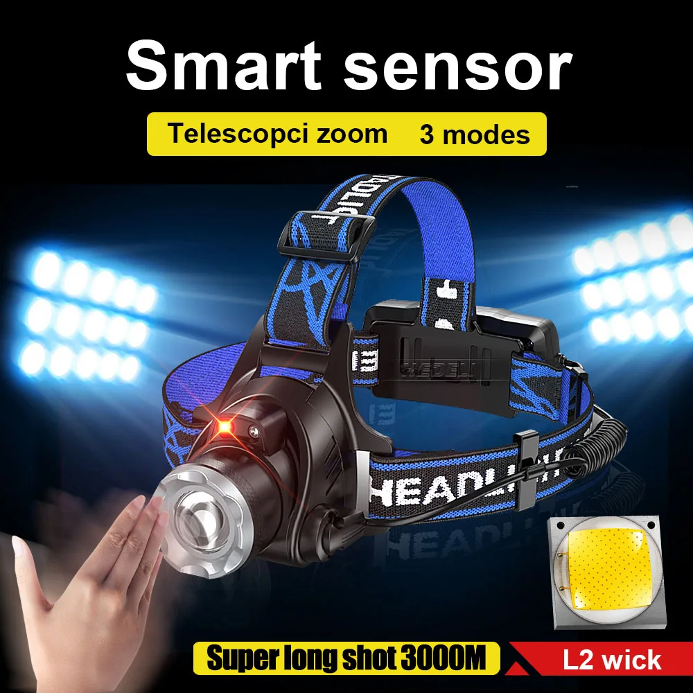 كشافات LED قوية قابلة لإعادة الشحن المصابيح الأمامية عالية الطاقة رئيس مصباح أضواء طويلة المدى في الهواء الطلق مقاوم للماء الصيد رئيس الشعلة