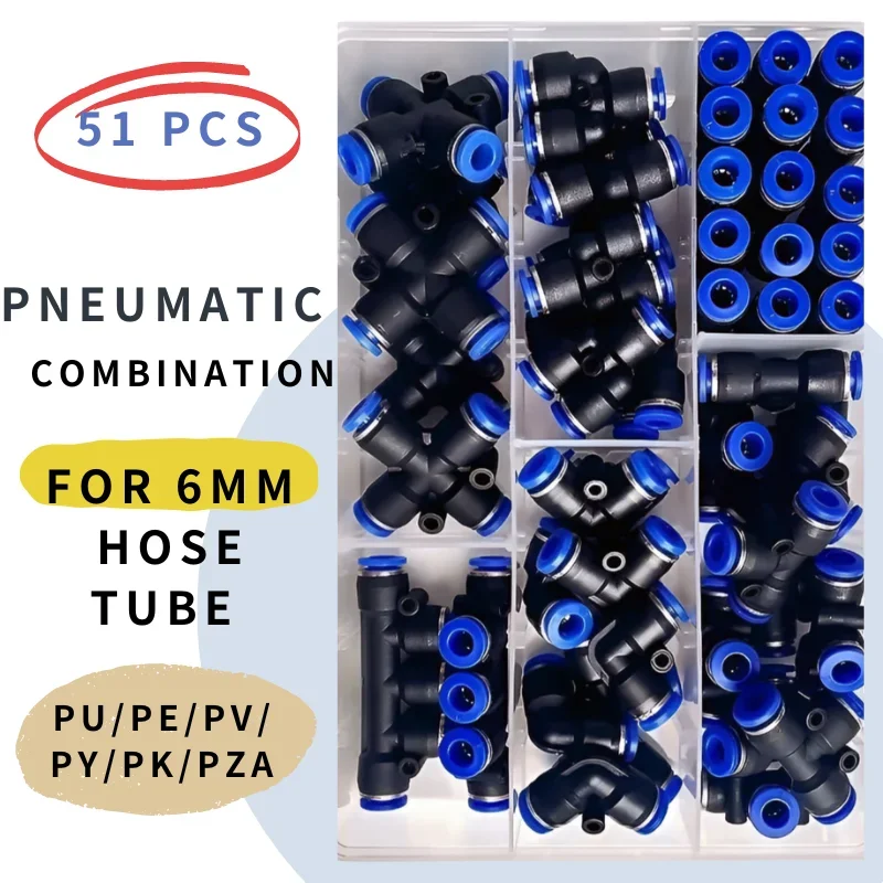 

Boxed 51 PCs PU-6/PE-6/PZA-6/PY-6/PV-6/PG-6/PK-6 Pneumatic Fitting Kit 6mm Outer Diameter of the Hose Pipe Tube Air Connectors