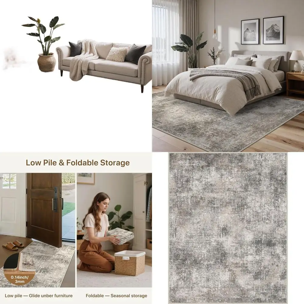 

Современный абстрактный ковер 8x10, моющийся низкий ворс для гостиной и столовых приборов, серый с нескользящей подложкой