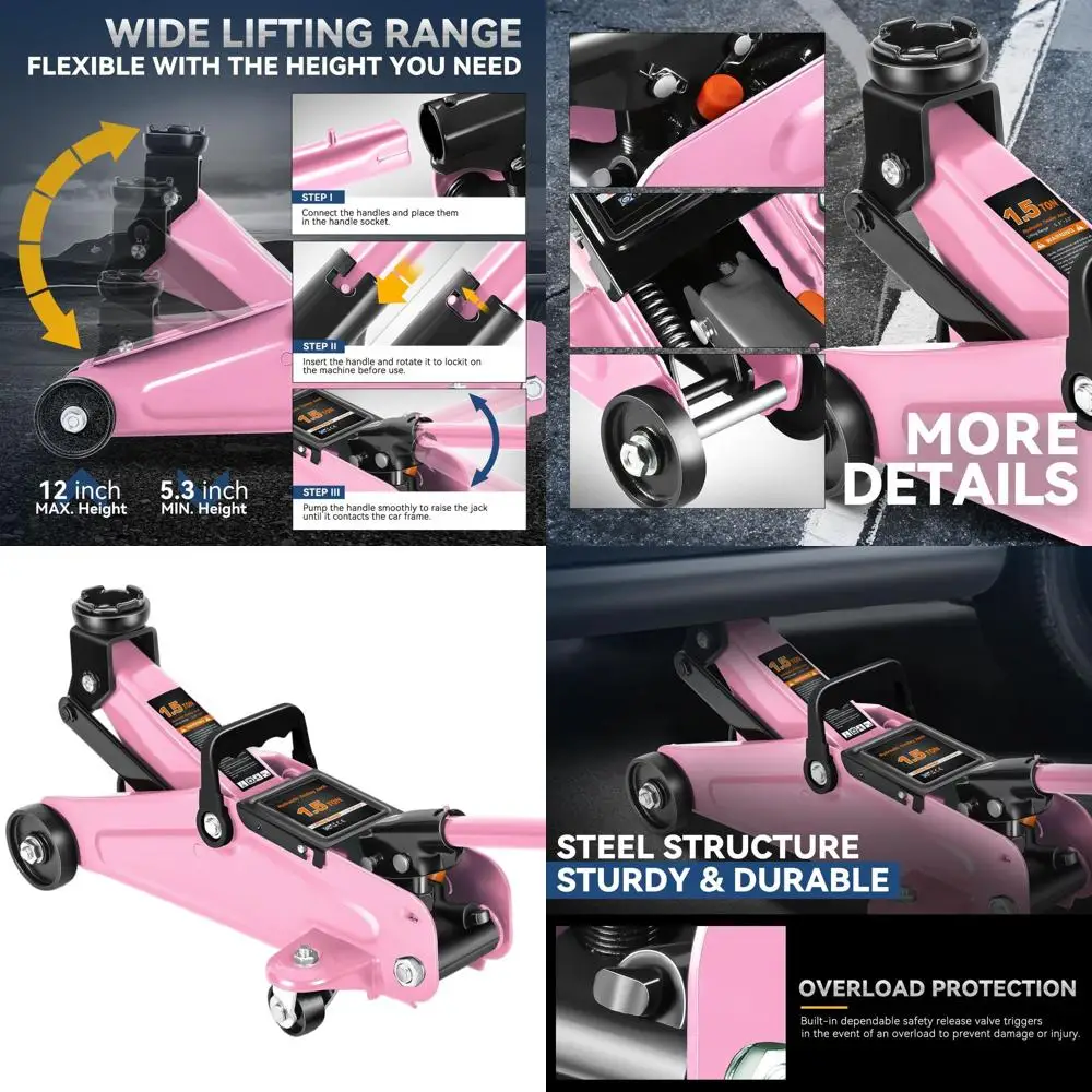 

1.5 Ton Heavy-Duty Single-Piston Steel Hydraulic Car Jack, Quick Lift Pump, 5.3-12 Range, Pink