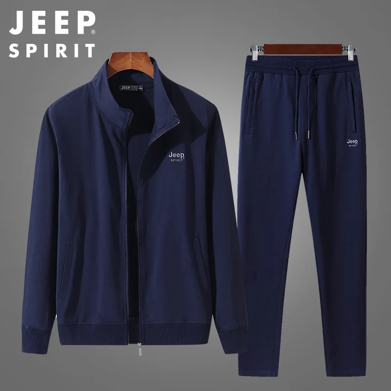 JEEP SPIRIT Men Suit Cotton Long-sleeved Trousers Spring Autumn Pure Color Breathable Cardigan Sportswear Simple Two-piece Set