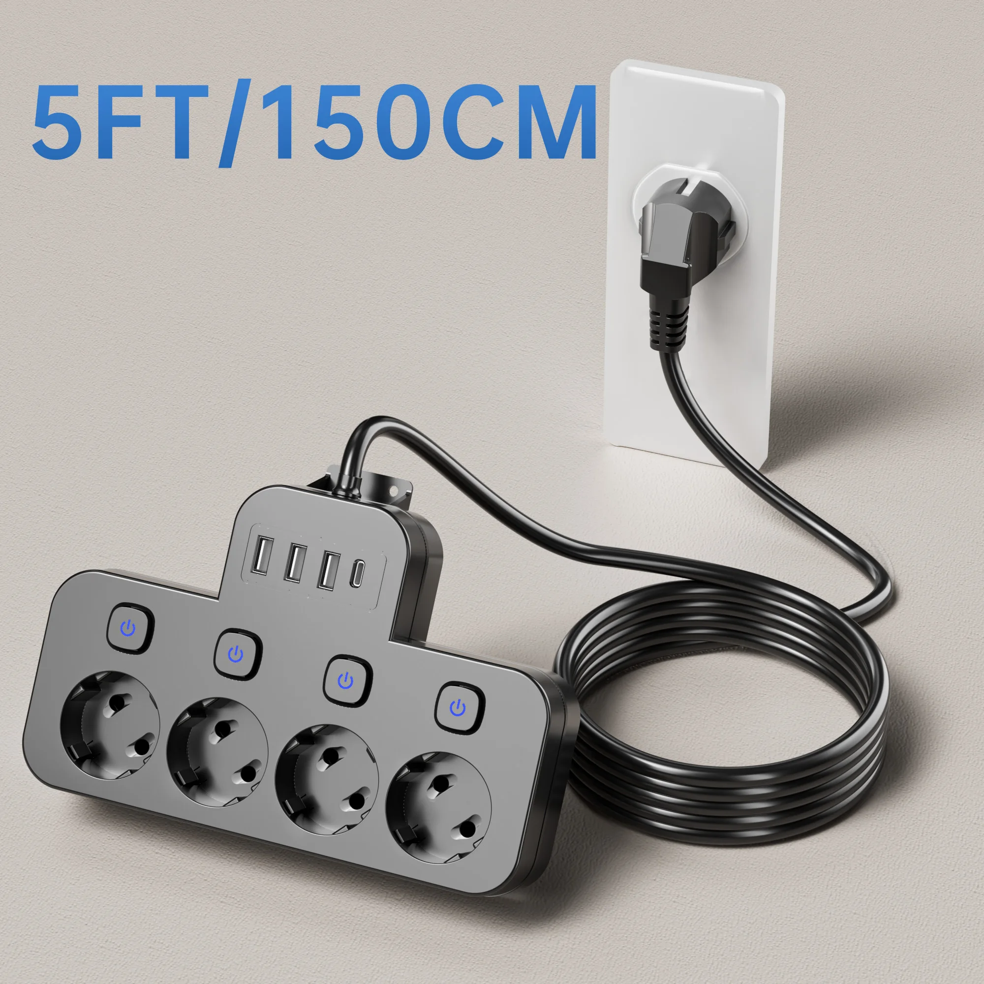 Power Strip with 4 Ac Independent Switches, Eu Plug, 3 USB Ports, 1 Type-C Port, 5Ft/10Ft Extension Cord Options, Suitable for Home, Travel, Office, Company, Game Room, Black
