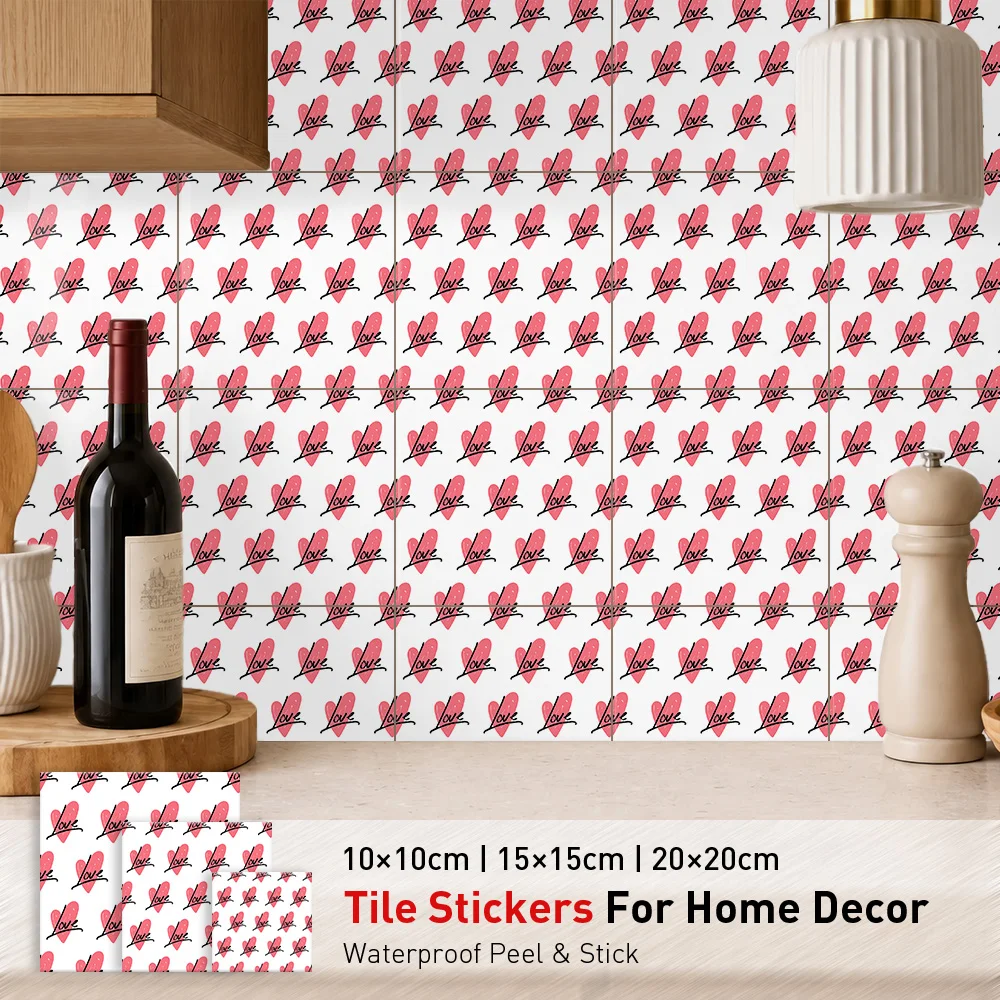 Cursive Love Tile Stickers Waterproof Peel and Stick Self Adhesive Oil Proof Backsplash Decals Floral Wallpaper for Alcove Decor