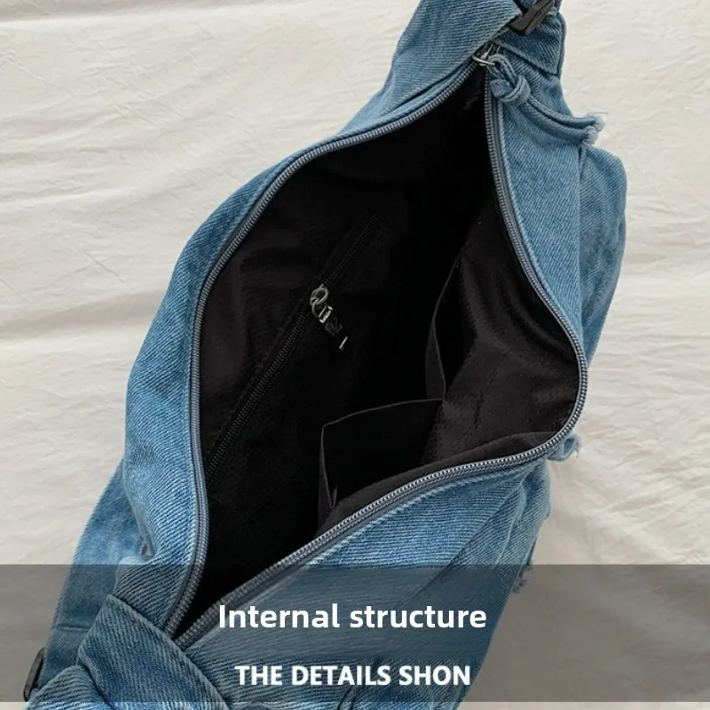 حقائب كروس مريحة ومتعددة الاستخدامات، حقائب كتف عصرية بسيطة ذات سعة كبيرة، متعددة الجيوب، حقيبة مدرب من قماش الدنيم المغسول #5
