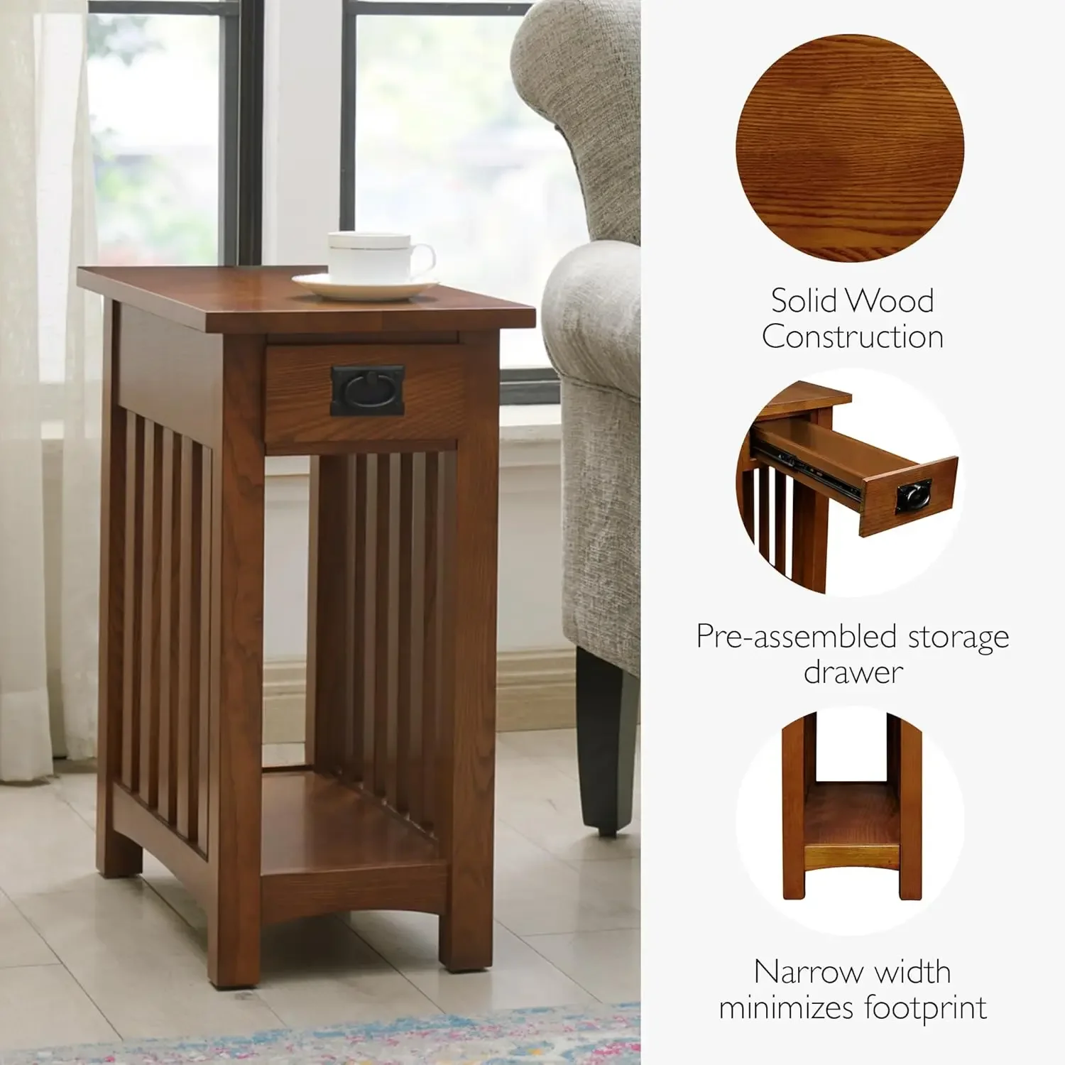 [Nuovo arrivo! ]Mission Impeccable Tavolino da caffè, legno massello con 2 cassetti e ripiano, finitura rovere medio, ferramenta annerita, a doghe