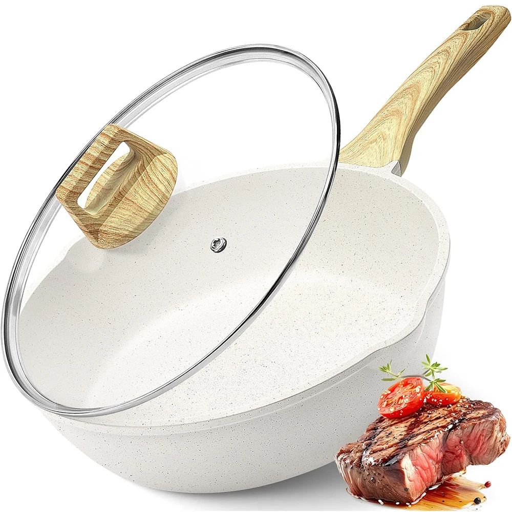 DONNOR Nonstick Deep Frying Pan with Lid Healthy Granite Coating Jumbo Cooker Saute Pan with Pour Spout Egg Omelette Pan JT279