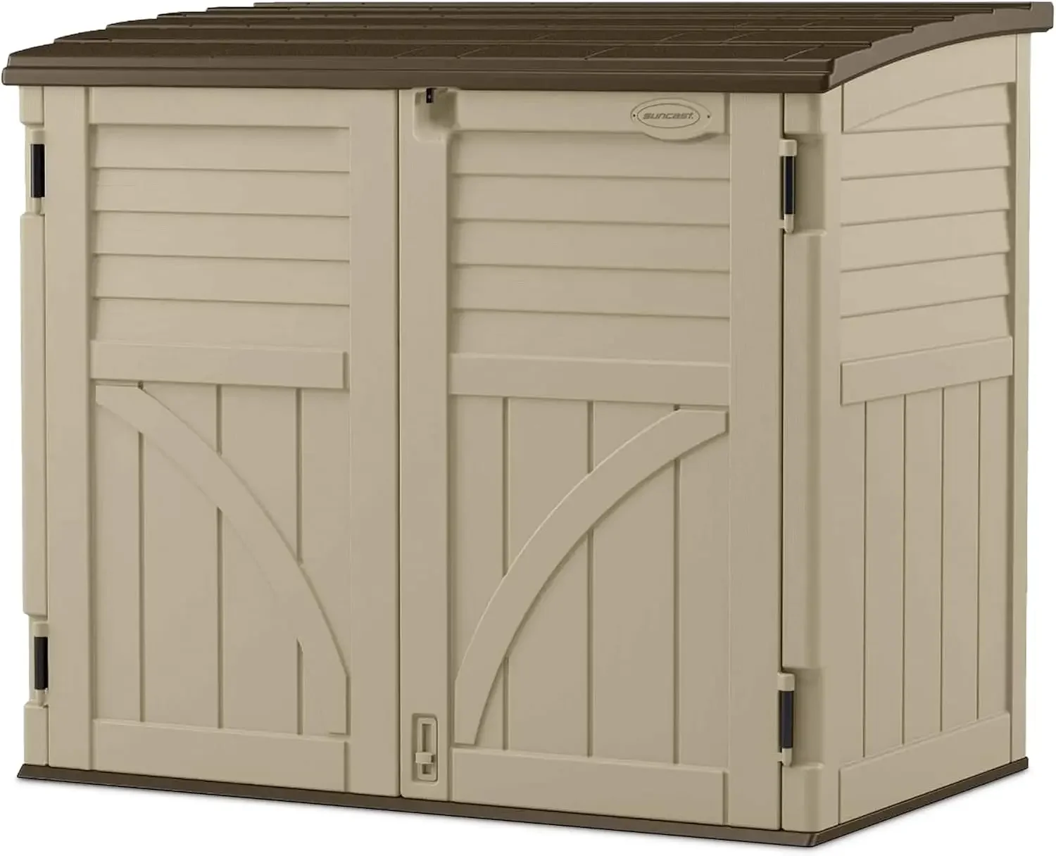 Horizontal Shed, Compact Outdoor Storage System, 34 Cu. Ft. Capacity, Sand & Slate - Lockable Multi-Wall Resin Organizer