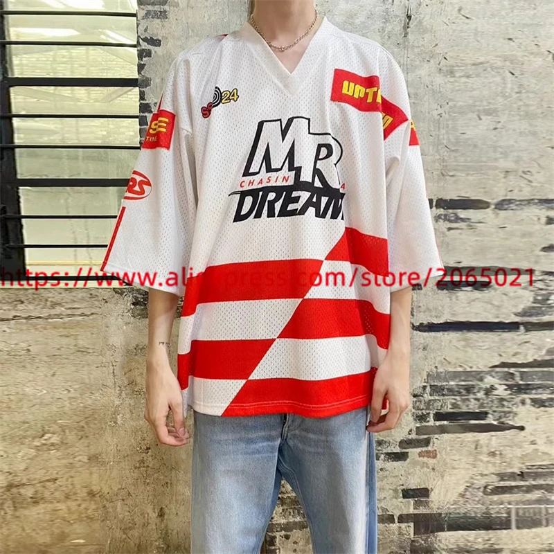 Stripe Martine Rose V-neck Mesh T Shirt Men Women Best Quality Football Jersey Embroidered Raglan Sleeves T-shirt Top Tees