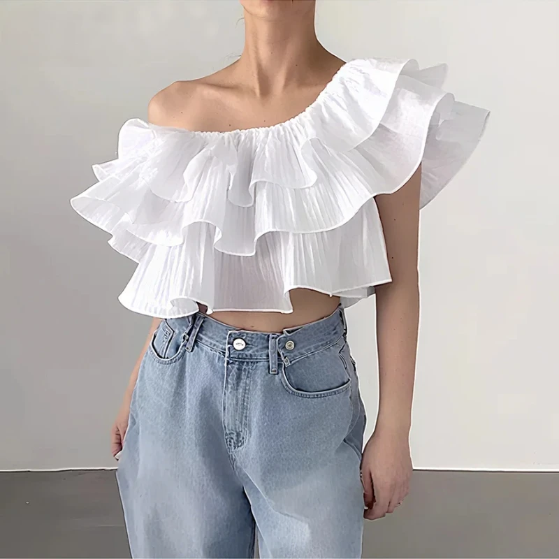 

Solid Spliced Ruffles Blouses For Women Slash Neck Sleeveless Minimalist Short Shirt Female Fashion Style Clothes