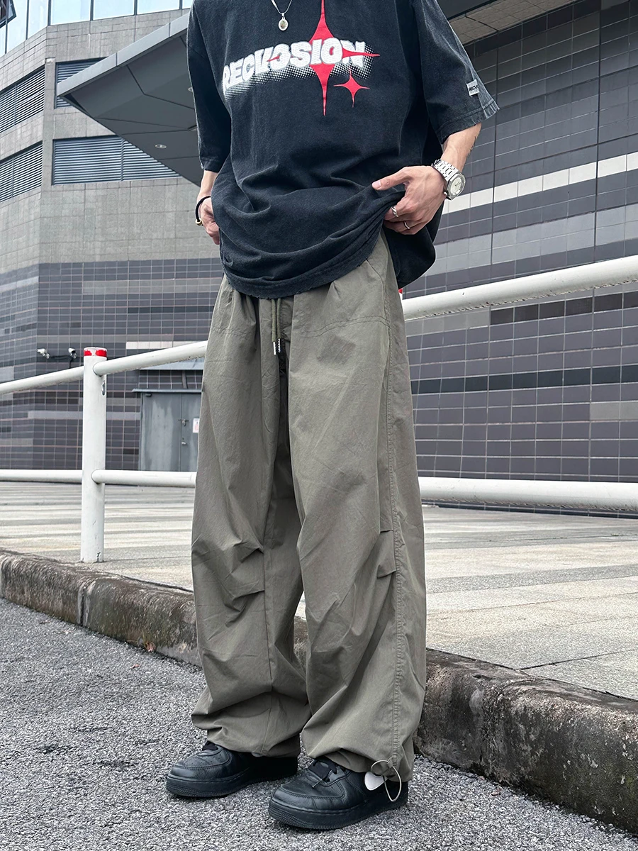

American Retro Loose Work Pants Men Summer Thin Pleated Cuffed Wide Leg Casual Straight Leg Slimming Floor-Length Pants