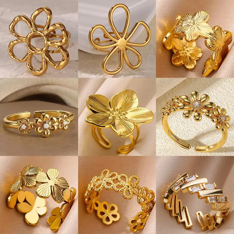 Stainless Steel Exaggerated Big Flower Rings For Women Gold Color Sunflower Finger Ring Female Fashion Aesthetic Jewelry Gift
