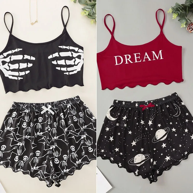 2PCS/Set Women Printed Halter Bustier Top Shorts Halloween Homewear Sexy Halter Shorts Ladies Fashion Soft Casual Sexy Pajamas