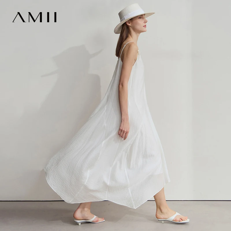 Amii Dress For Women Minimalist 2025 Summer New Style Textured Feel Lyocell Beaded Flower V-Neck Suspender Black Dress 12542047