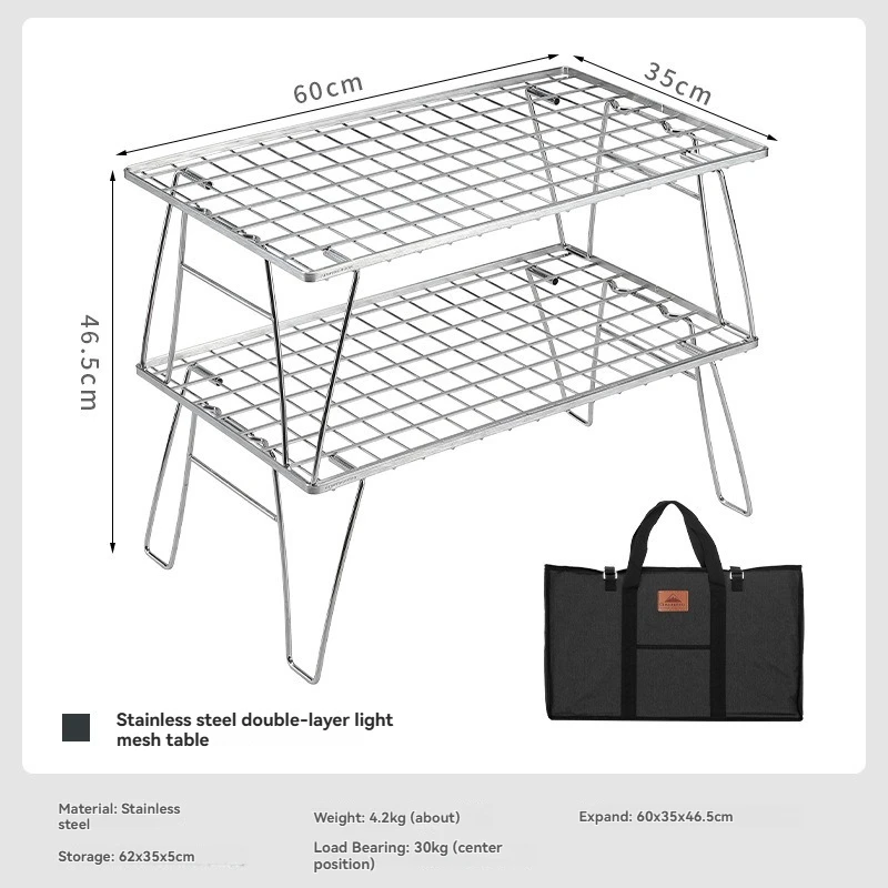 CAMPINGMOON T-235A-2T zweilagiger, robuster Camping-BBQ-Aufbewahrungstisch, silberner Edelstahl-Klapptisch für den Außenbereich zum Grillen