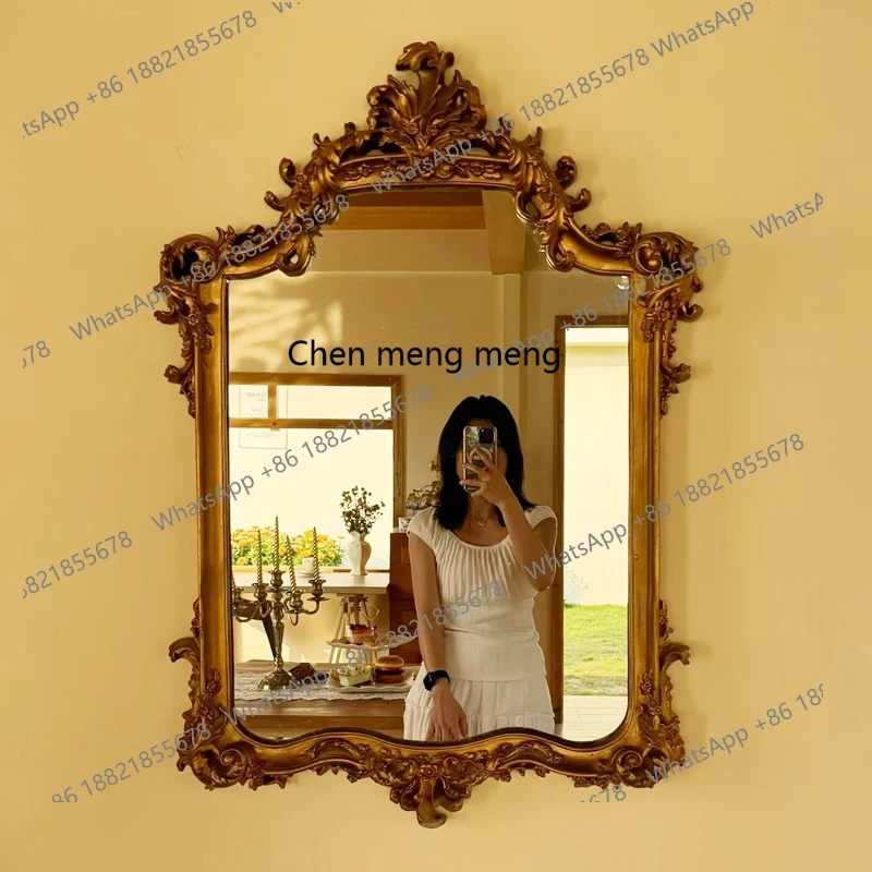 

French Retro Carved High-End Bathroom Mirror European Style Wall-Mounted Makeup Mirror