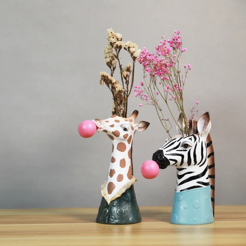 Resin Succulent Plants Flower Planter Plant Pot Vases Basket Cartoon Animal Head Sculpture Zebra Giraffe Statue Home Decoration