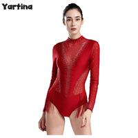 Womens Glittery Rhinestones Gymnastics Figure Skating Costume Tassels Gymnastic Bodysuit Top Latin Ballet Jersey Dance Leotards