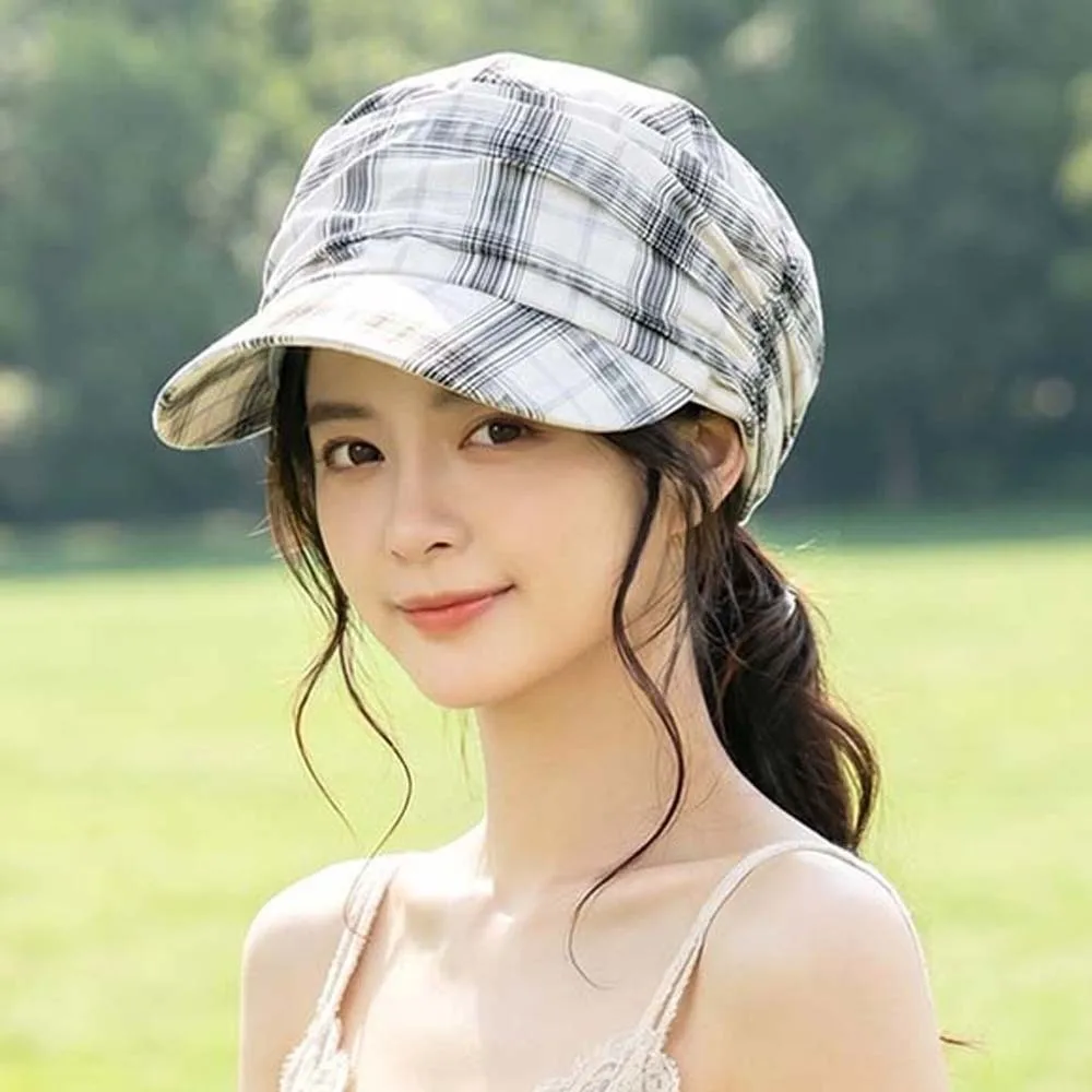 Vintage Looking Plaid Pleated Equestrian Hat British Style Japanese Style Peaked Flat Cap Retro Versatile Sun Protection Hat