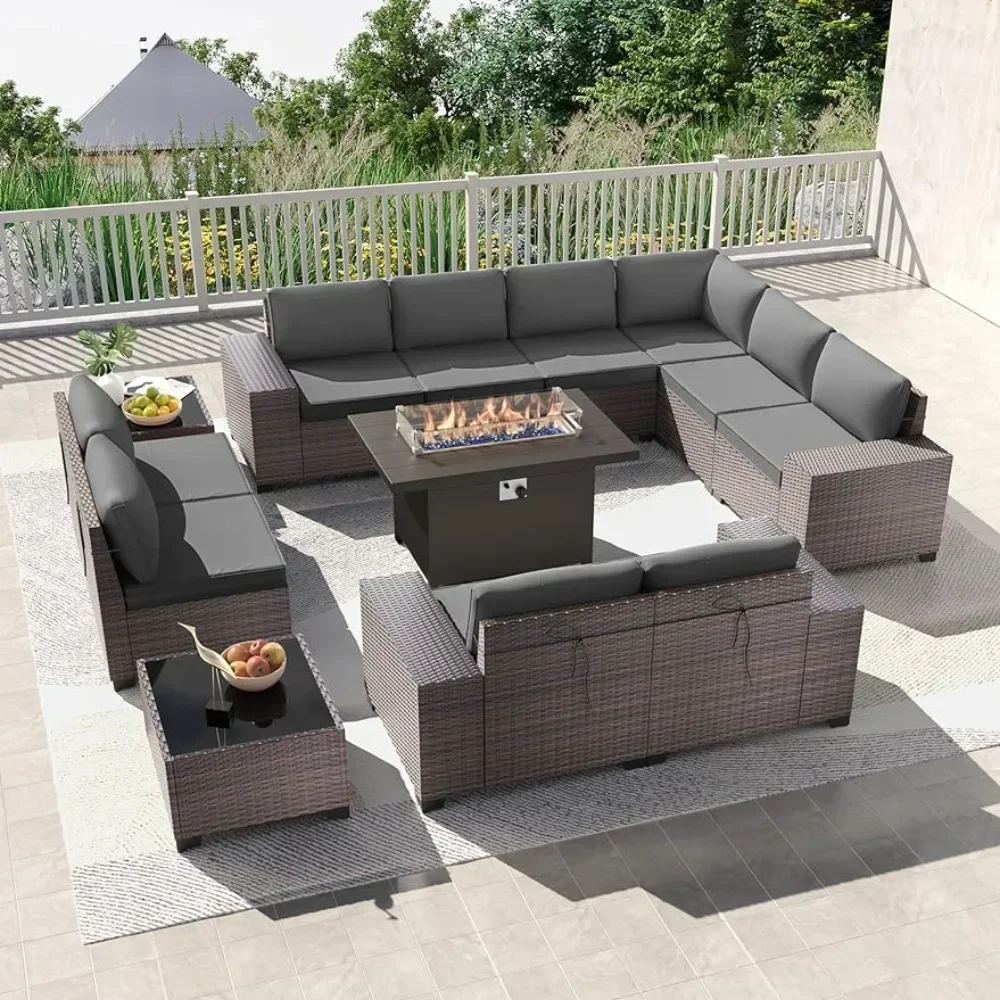 

13 Pieces Outdoor Patio Furniture Set with 43" 55000BTU Metal Gas Propane Fire Pit Table PE Wicker Rattan Sectional Sofa Sets