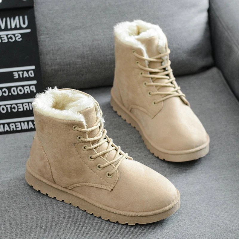 

2023 Women Winter Snow Boots Warm Flat Plus Size Platform Lace Up Ladies Women's Shoes New Flock Fur Suede Ankle Boots 35-43