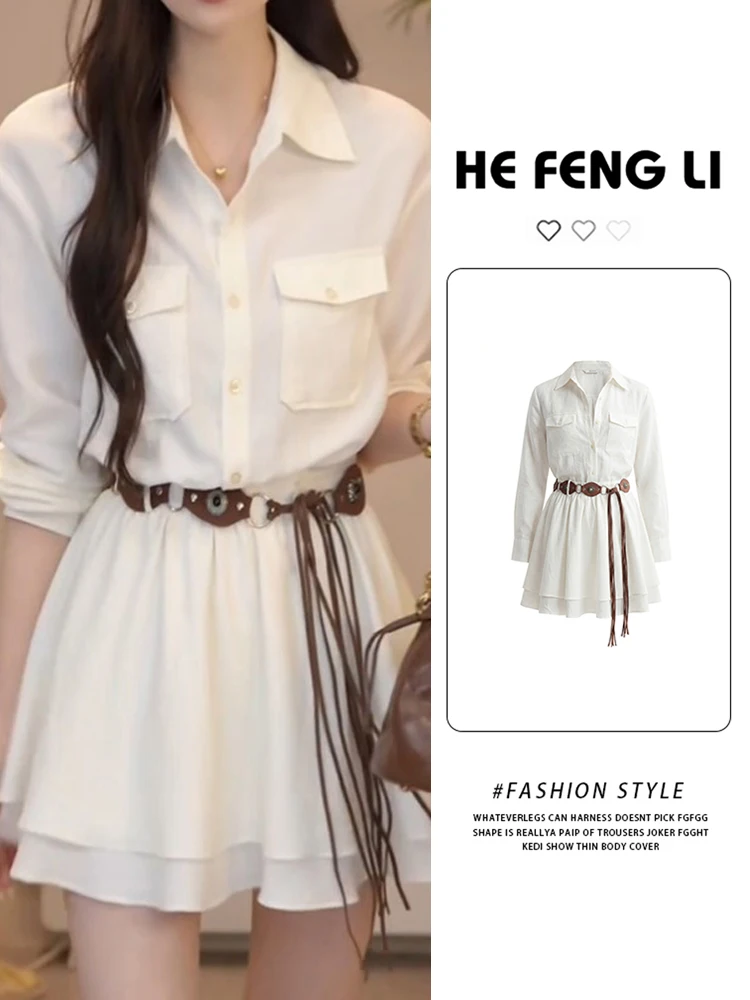 

White Long Sleeve Dress Shirt Women's Spring 2026 New Style Waist Cinched Slimming Short Dress Casual Fashion Set High Waist