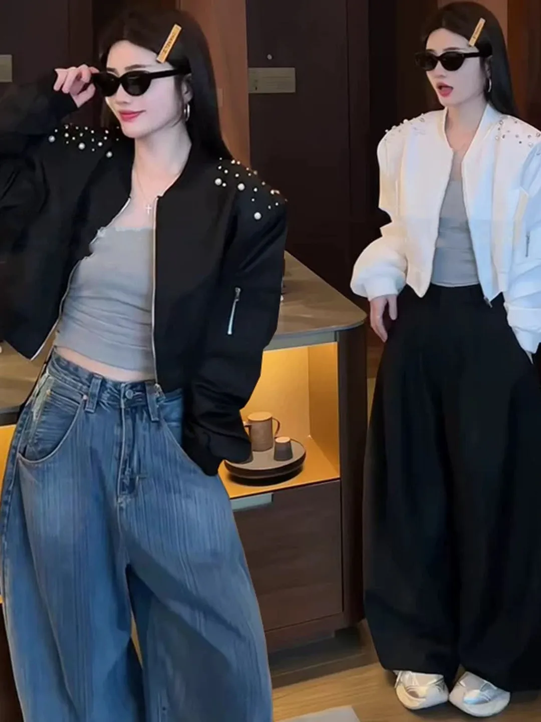 Elegant Diamond Embellished Bead Design Baseball Jacket Women's Loose Korean Style Short Coat Spring Autumn Versatile Slimming