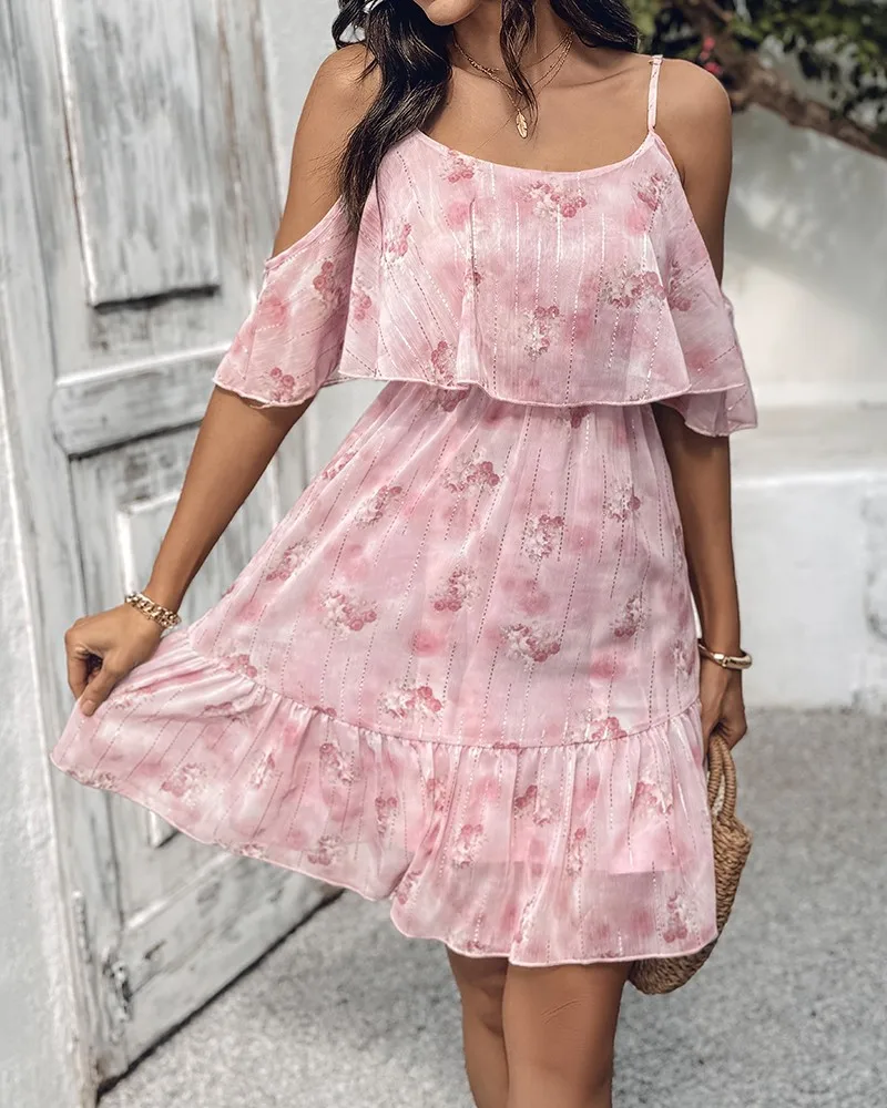 Vestido feminino de verão elegante estampa floral ombro frio alça espaguete babados vestido em camadas vestido doce