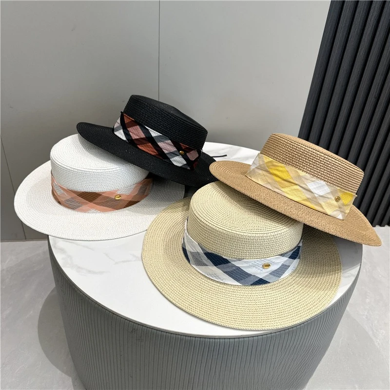 English Style Women Summer Wide Flat Top Brim Straw Hat Multicolor Checkered Striped Design Fashion Outdoor Travel Sun  Hat