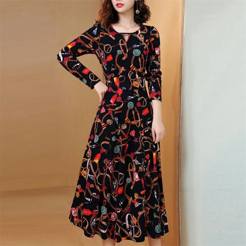 

Платье с принтом, женское элегантное темпераментное платье с длинными рукавами, весна 2023, новое женское облегающее платье выше колена с талией, Vestid